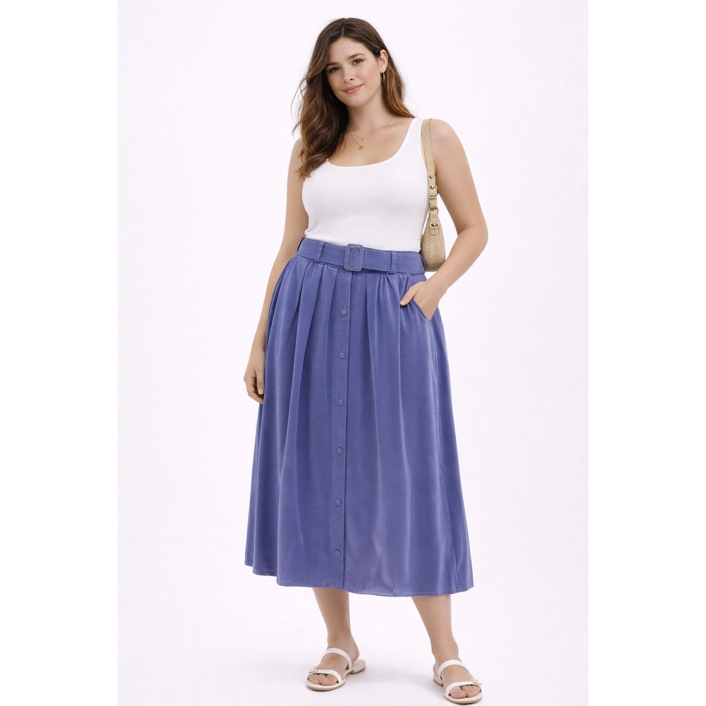 Componix Midi Skirt Womens 7/8 Blue Belted Pleated Button Front Vintage Retro‎